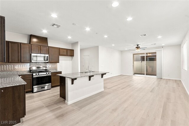 kitchen with visible vents, a ceiling fan, tasteful backsplash, a sink, and appliances with stainless steel finishes