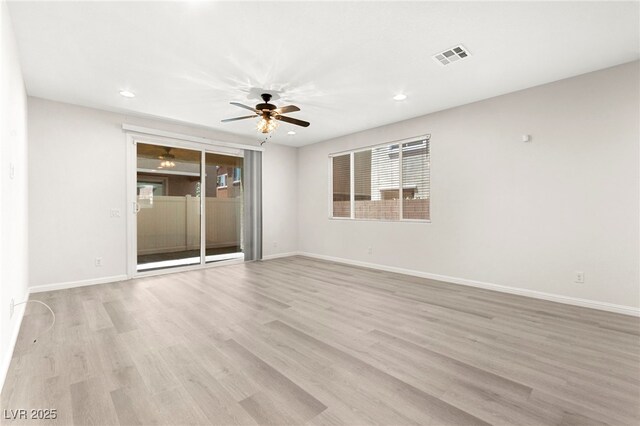 unfurnished room featuring visible vents, baseboards, ceiling fan, recessed lighting, and light wood-type flooring