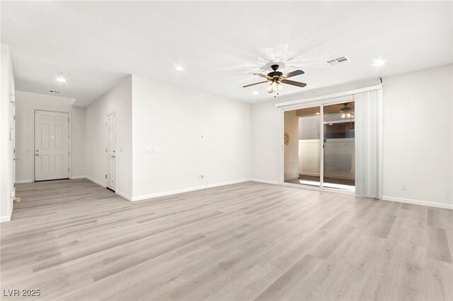 unfurnished room with visible vents, recessed lighting, baseboards, and ceiling fan