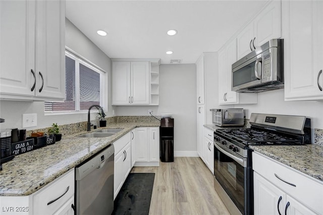 kitchen with a sink, appliances with stainless steel finishes, open shelves, white cabinetry, and light wood-style floors