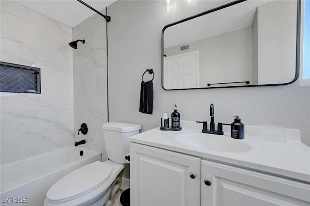 full bathroom with toilet, visible vents, vanity, and shower / bath combination