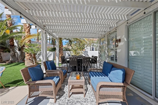 2909 Sterling Cove Dr, Las Vegas, NV 89128 - view of patio featuring outdoor dining area, fence, a pergola, and an outdoor hangout area