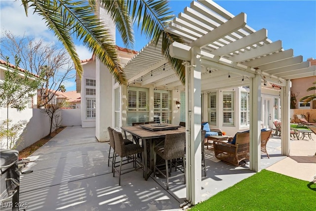 2909 Sterling Cove Dr, Las Vegas, NV 89128 - view of patio / terrace featuring fence, a pergola, outdoor dining space, and french doors
