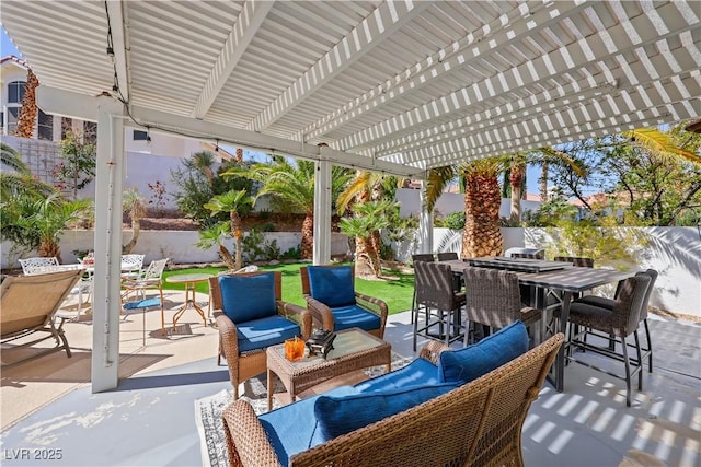 2909 Sterling Cove Dr, Las Vegas, NV 89128 - view of patio with a pergola, an outdoor living space, outdoor dining area, and a fenced backyard