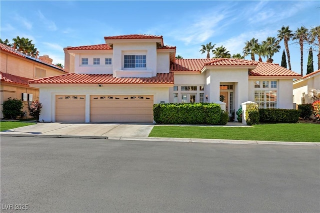 2909 Sterling Cove Dr, Las Vegas, NV 89128 - mediterranean / spanish home featuring stucco siding, concrete driveway, a tile roof, and a front lawn