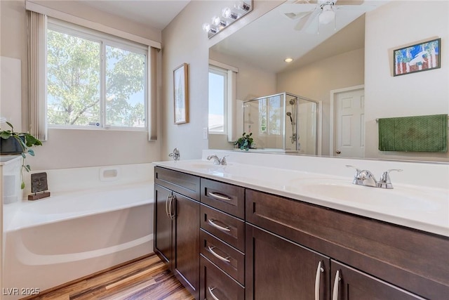 bathroom featuring double vanity, a sink, a bath, and a shower stall