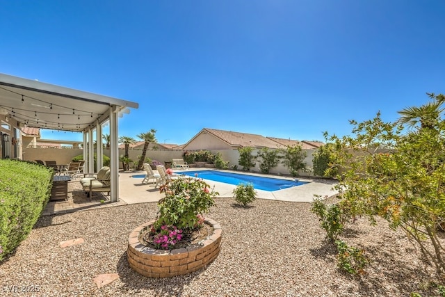 view of pool featuring a fenced in pool, a fenced backyard, and a patio area