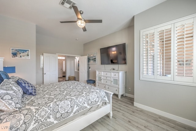 bedroom with baseboards, ceiling fan, light wood-style flooring, and visible vents