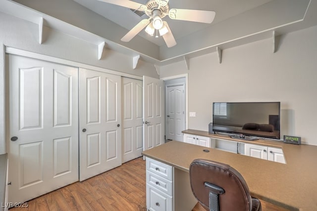 office featuring ceiling fan and light wood-style floors