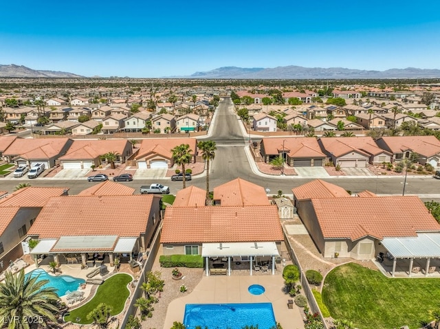 bird's eye view featuring a residential view and a mountain view