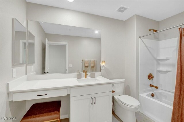 full bath with visible vents, tile patterned floors, vanity, toilet, and shower / tub combo with curtain