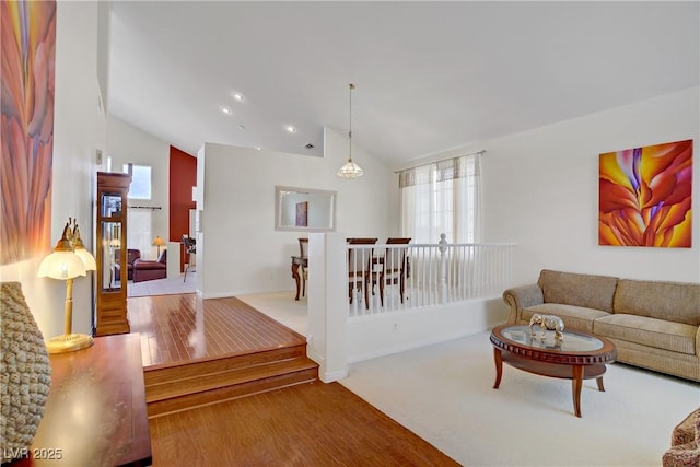 living area featuring a healthy amount of sunlight, wood finished floors, and lofted ceiling
