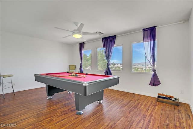 recreation room featuring visible vents, wood finished floors, baseboards, ceiling fan, and pool table