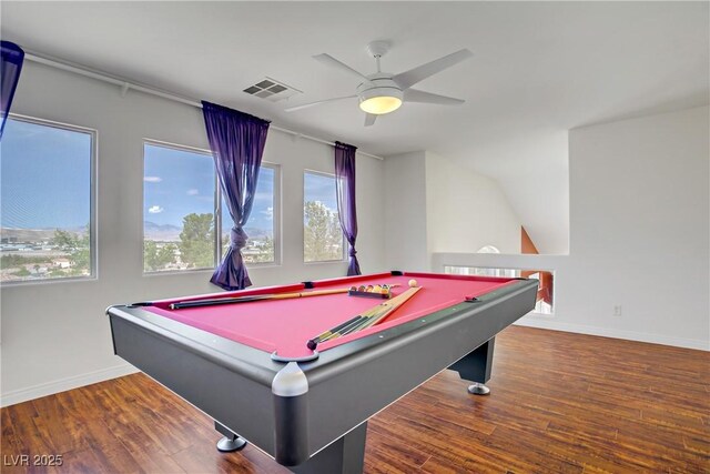 playroom featuring a ceiling fan, visible vents, pool table, wood finished floors, and baseboards