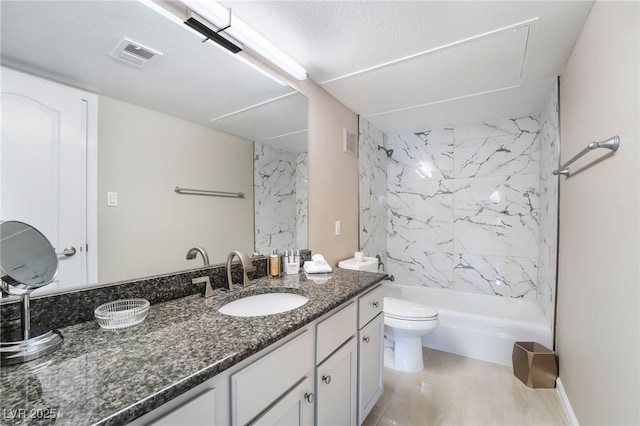 bathroom with vanity, shower / bathing tub combination, toilet, and visible vents