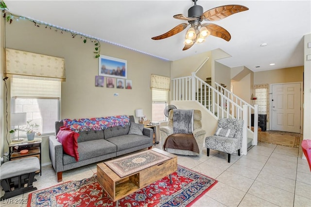 1007 Shades End Ave, North Las Vegas, NV 89081 - living area featuring stairs, a ceiling fan, light tile patterned flooring, and recessed lighting