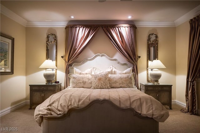 carpeted bedroom featuring baseboards, ornamental molding, and recessed lighting