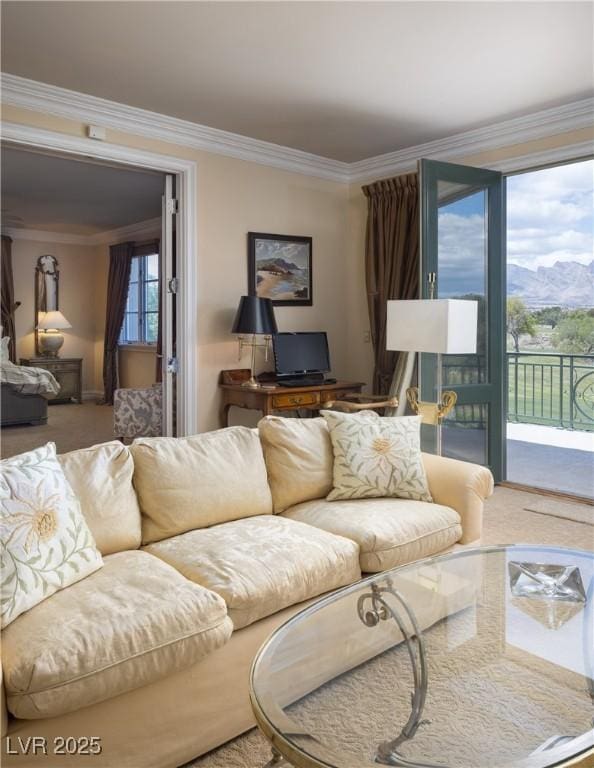 carpeted living room with crown molding