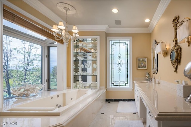 full bathroom featuring visible vents, crown molding, an inviting chandelier, a whirlpool tub, and tile patterned floors