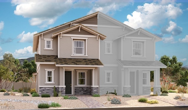 exterior space featuring stucco siding and stone siding