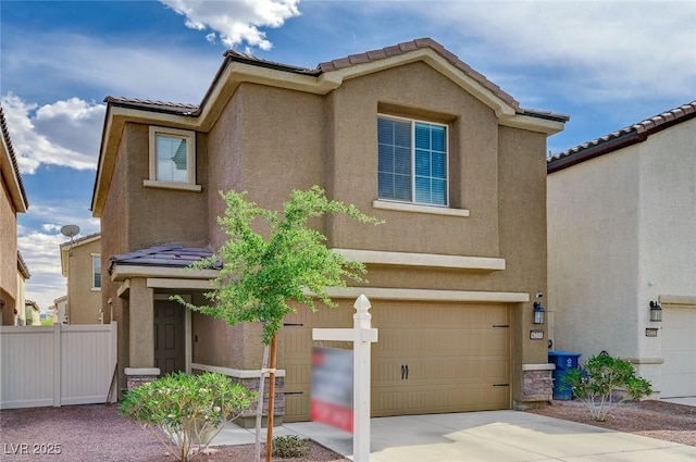 6231 Portland Treaty Ave, Las Vegas, NV 89122 - view of front of property featuring a garage, fence, stucco siding, and a tiled roof