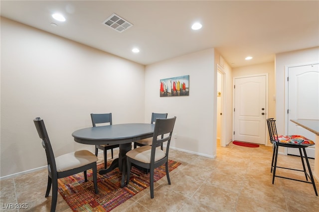 dining area featuring visible vents, recessed lighting, and baseboards