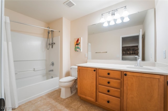 bathroom featuring vanity, shower / bathtub combination with curtain, toilet, and visible vents
