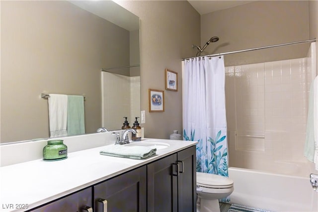 bathroom featuring vanity, toilet, and shower / tub combo with curtain