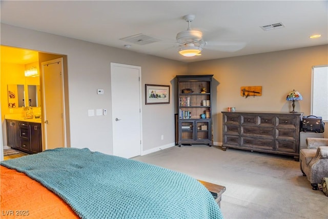 carpeted bedroom featuring visible vents, a ceiling fan, and baseboards