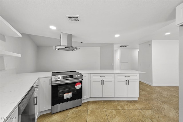 kitchen featuring visible vents, white cabinets, appliances with stainless steel finishes, and island range hood