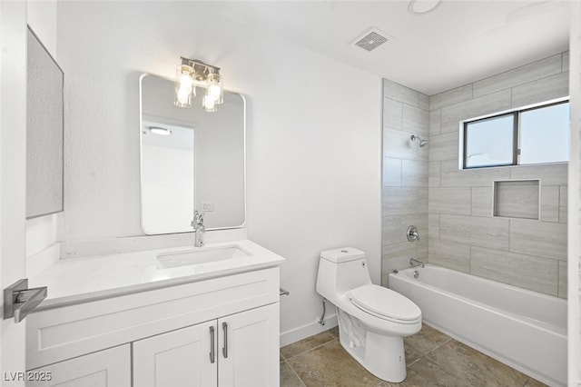 bathroom with vanity, toilet, baseboards, shower / washtub combination, and visible vents