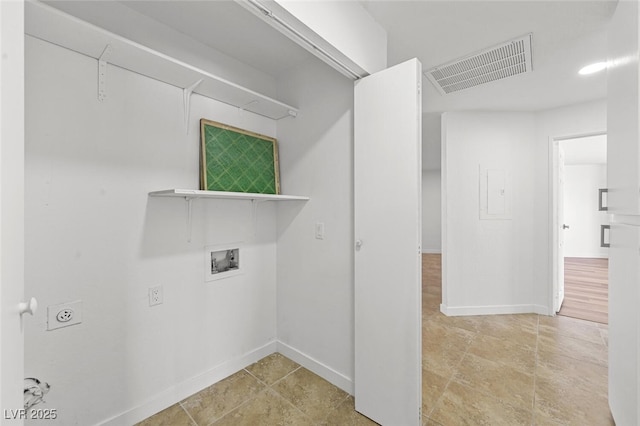 laundry room with laundry area, visible vents, baseboards, and hookup for a washing machine