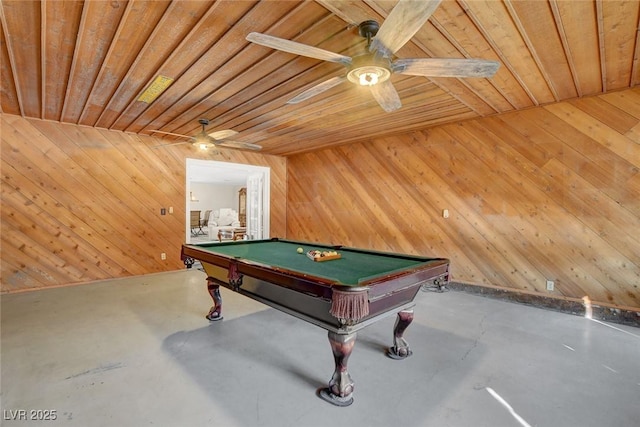 rec room featuring wooden walls, concrete flooring, ceiling fan, and wood ceiling
