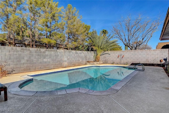 view of swimming pool featuring a fenced backyard, a fenced in pool, and a patio area