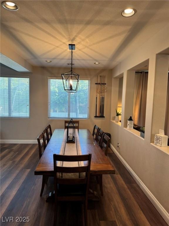 dining space featuring baseboards, recessed lighting, and dark wood-style floors
