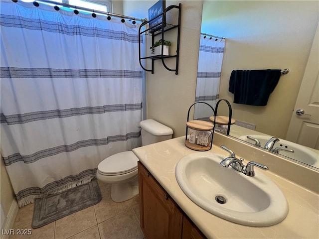 bathroom featuring tile patterned floors, vanity, toilet, and a shower with shower curtain