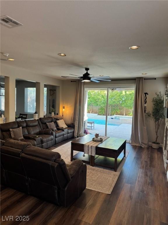 7109 Rancho De Taos, Las Vegas, NV 89130 - living room featuring dark wood-style floors, recessed lighting, and a ceiling fan