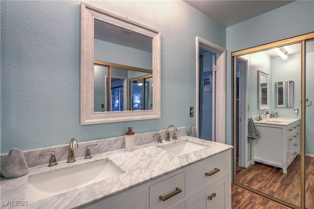 bathroom featuring a sink, double vanity, and wood finished floors