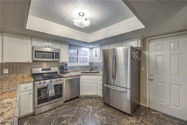 kitchen with a tray ceiling, a textured ceiling, stainless steel appliances, and a sink