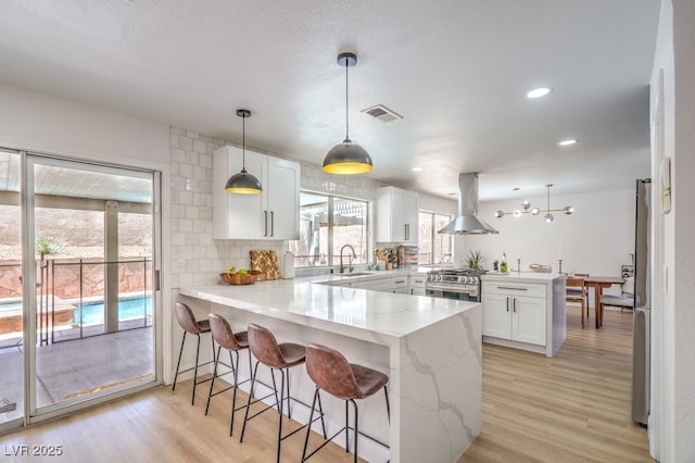 kitchen with a peninsula, island range hood, a sink, light wood finished floors, and stainless steel appliances