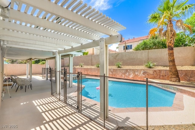 view of pool featuring a fenced backyard, a patio area, a pool with connected hot tub, and a pergola