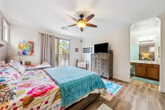 bedroom featuring visible vents, ornamental molding, access to exterior, ensuite bathroom, and light wood-style flooring