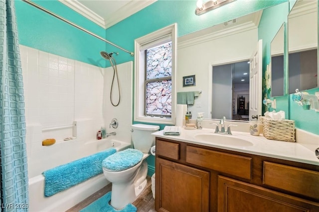 bathroom featuring crown molding, vanity, toilet, shower / bath combination with curtain, and wood finished floors