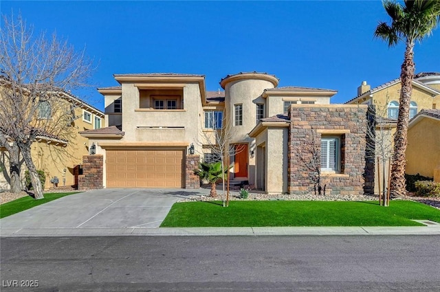 view of front of home featuring driveway, a garage, a front lawn, stone siding, and stucco siding