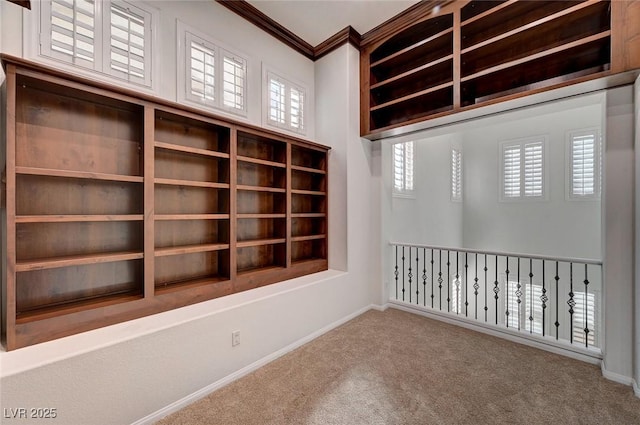 spare room with baseboards, ornamental molding, and carpet flooring