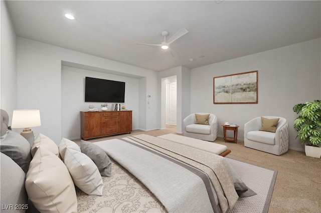 carpeted bedroom with recessed lighting, a ceiling fan, and baseboards