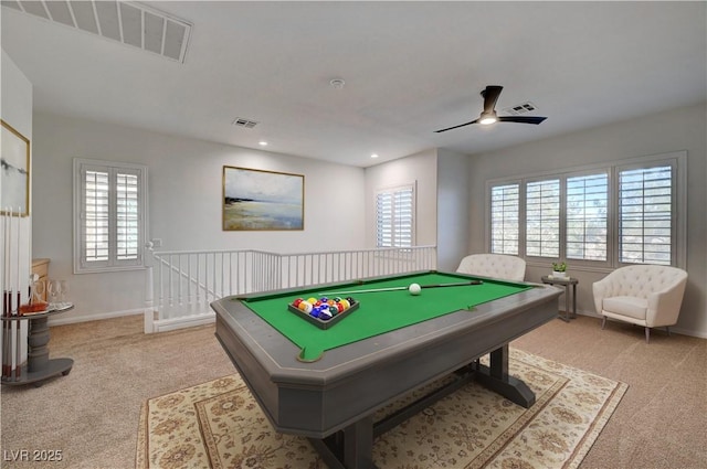 game room with ceiling fan, visible vents, pool table, baseboards, and carpet flooring