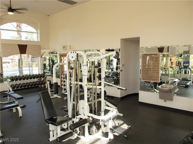 2050 W Warm Springs Rd Unit 411, Henderson, NV 89014 - exercise room with ceiling fan, visible vents, and a high ceiling