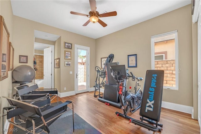 exercise room with baseboards, ceiling fan, and wood finished floors
