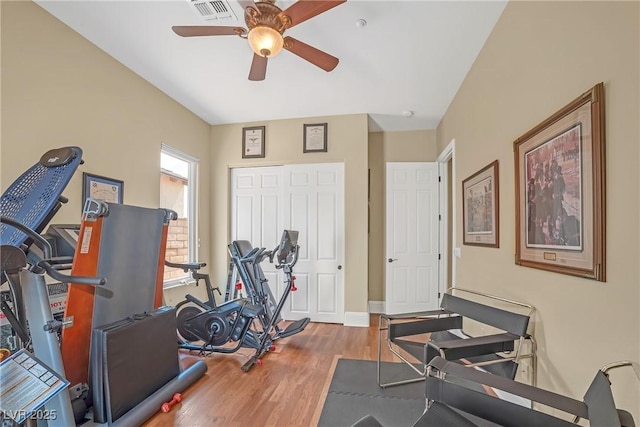 32 Cerchio Basso, Henderson, NV 89011 - workout area with ceiling fan, wood finished floors, and baseboards